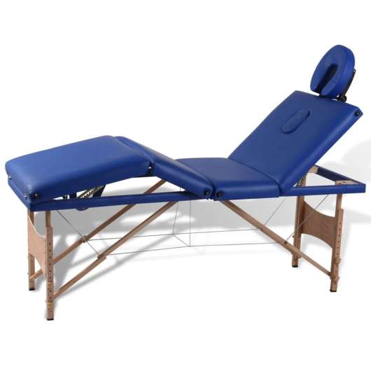 Blå hopfällbar 4-sektions massagebänk med träram