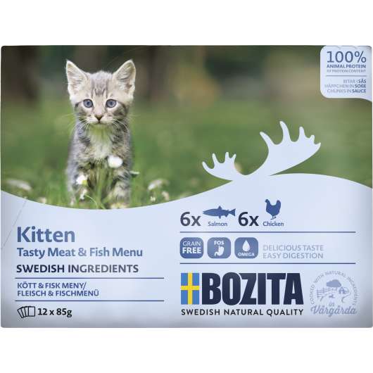 Kattmat Bozita Kitten Menybox Lax/Kyckling i sås 12x85g